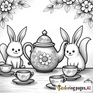 create a coco wyo inspired coloring page A table with teacups, a teapot adorned with floral designs, and small desserts like cupcakes and cookies, surrounded by smiling animals like bunnies and squirrels.