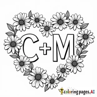 Create a coloring book cover that says “C + M” and has flowers and hearts on it
