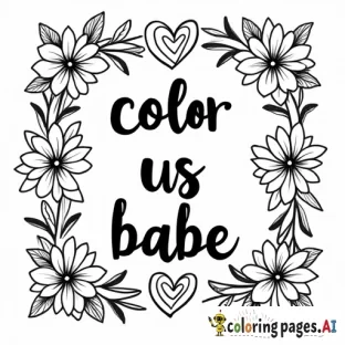 Create a coloring book cover that says “color us babe” and has flowers and hearts on it