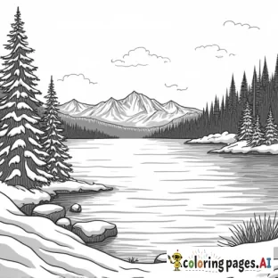 create a coloring book page of lake taho at christmas