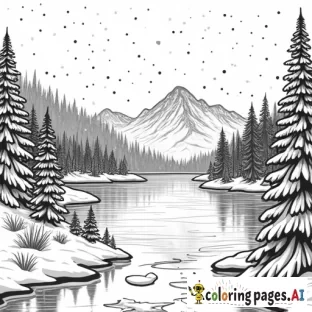 create a coloring book page of lake taho at christmas now give it snow