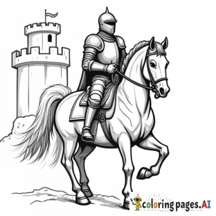 create a coloring page of a knight in full armor riding a horse with a castle behind him and do it very detailed