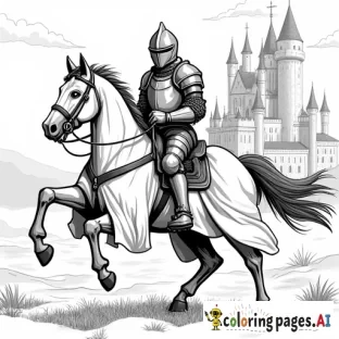 create a coloring page of a knight in full armor riding a horse with a castle behind him and do it very detailed in the castle and also the knight, really detailed