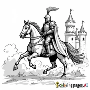 create a coloring page of a knight in full armor riding a horse with a castle behind him and do it very detailed in the castle and also the knight, really detailed with no grey zones