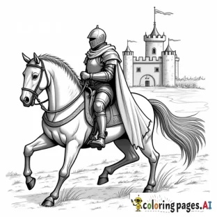 create a coloring page of a knight in full armor riding a horse with a castle behind him