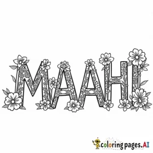 create a coloring page that says "MAAHI" with flowers