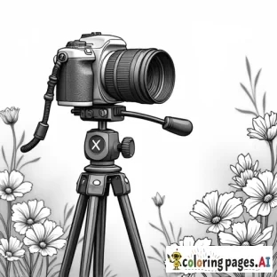 create a coloring page with a camera on a tripod and flowers in the background