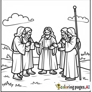 create a coloring picture for preschoolers of jesus healing the the 10 sick men in a cartoon style