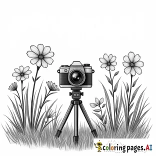 create a colring page with a camera on a tripod and flowers in the background