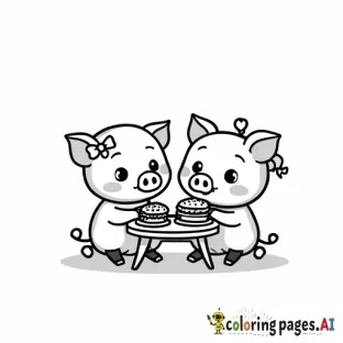 Create a cute and simple cartoon-style image of two pigs, one boy and one girl, sitting at a small table together. The girl pig has a bow and is eating fries, while the boy pig is eating a burger. The design should be clean and straightforward, with no intricate details or background clutter. Make it playful and girly, focusing on clear lines suitable for coloring.