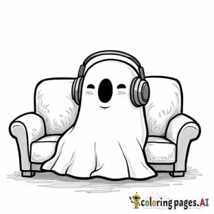 Create a cute cozy simple image of a cartoon-like ghost wearing headphones, sitting on a couch in a cozy living room with furntire