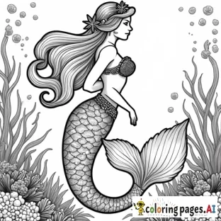 "Create a detailed black-and-white coloring page featuring elegant mermaids with flowing hair, intricate seashell accessories, and underwater elements like coral, fish, and bubbles. Use thin, delicate lines for a refined look."