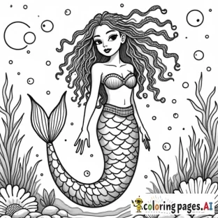 Create a detailed coloring book illustration of a cute African American female mermaid. She should have vibrant, lively features and shells intertwined in her hair, with bubbles surrounding her body. The design must include intricate patterns and shapes to enhance the coloring experience, making it suitable for both children and adults. The mermaid's tail should be elegantly represented, and the underwater scene can incorporate coral and marine elements to enrich the background. The final image must be colorless, resembling a blank coloring book page.