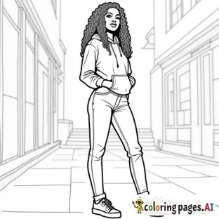 Create a full-body coloring sheet of an African American woman with long, curly hair, standing in an outdoor environment. She should be wearing a fall hoodie, jeans, and sneakers. The outlines should be simple and clean, with no intricate details. The interior of the woman, her clothing, and the background should be left completely white, with clear spaces for easy coloring. The outdoor setting should have new york city streets and also have a white interior, all designed for coloring purposes. everything clear and visible