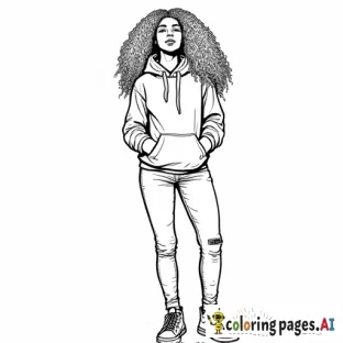 Create a full-body coloring sheet of an African American woman with long, curly hair, standing in an outdoor environment. She should be wearing a fall hoodie, jeans, and sneakers. The outlines should be simple and clean, with no intricate details. The interior of the woman, her clothing, and the background should be left completely white, with clear spaces for easy coloring. The outdoor setting should have urban streets and also have a white interior, all designed for coloring purposes. everything clear and visible