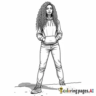 Create a full-body coloring sheet of an African American woman with long, curly hair, standing in an outdoor environment. She should be wearing a fall hoodie, jeans, and sneakers. The outlines should be simple and clean, with no intricate details. The interior of the woman, her clothing, and the background should be left completely white, with clear spaces for easy coloring. The outdoor setting should have urban streets and also have a white interior, all designed for coloring purposes. everything clear and visible
