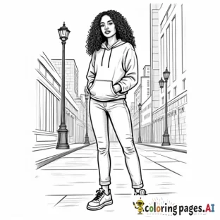 Create a full-body coloring sheet of an African American woman with long, curly hair, standing in an outdoor environment. She should be wearing a fall hoodie, jeans, and sneakers. The outlines should be simple and clean, with no intricate details. The interior of the woman, her clothing, and the background should be left completely white, with clear spaces for easy coloring. The outdoor setting should have new york city streets and also have a white interior, all designed for coloring purposes. everything clear and visible