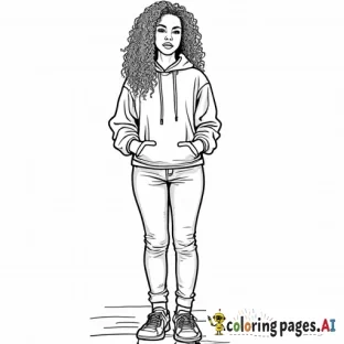 Create a full-body coloring sheet of an African American woman with long, curly hair, standing in an outdoor environment. She should be wearing a fall hoodie, jeans, and sneakers. The outlines should be simple and clean, with no intricate details. The interior of the woman, her clothing, and the background should be left completely white, with clear spaces for easy coloring. The outdoor setting should have urban streets and also have a white interior, all designed for coloring purposes.