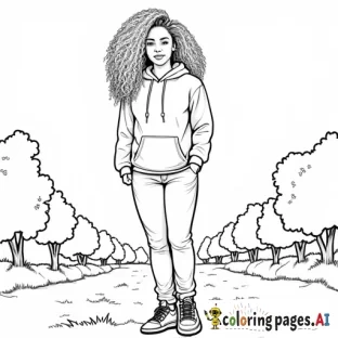 Create a full-body coloring sheet of an African American woman with long, curly hair, standing in an outdoor environment. She should be wearing a fall hoodie, jeans, and sneakers. The outlines should be simple and clean, with no intricate details. The interior of the woman, her clothing, and the background should be left completely white, with clear spaces for easy coloring. The outdoor setting should have trees and grass also have a white interior, all designed for coloring purposes.