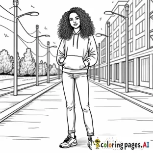 Create a full-body coloring sheet of an African American woman with long, curly hair, standing in an outdoor environment. She should be wearing a fall hoodie, jeans, and sneakers. The outlines should be simple and clean, with no intricate details. The interior of the woman, her clothing, and the background should be left completely white, with clear spaces for easy coloring. The outdoor setting should have urban streets and also have a white interior, all designed for coloring purposes.