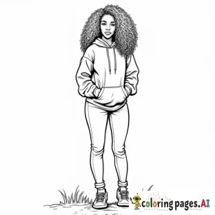 Create a full-body coloring sheet of an African American woman with long, curly hair, standing in an outdoor environment. She should be wearing a fall hoodie, jeans, and sneakers. The outlines should be simple and clean, with no intricate details. The interior of the woman, her clothing, and the background should be left completely white, with clear spaces for easy coloring. The outdoor setting should be minimal and also have a white interior, all designed for coloring purposes.