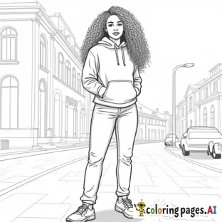 Create a full-body coloring sheet of an African American woman with long, curly hair, standing in an outdoor environment. She should be wearing a fall hoodie, jeans, and sneakers. The outlines should be simple and clean, with no intricate details. The interior of the woman, her clothing, and the background should be left completely white, with clear spaces for easy coloring. The outdoor setting should have urban streets and also have a white interior, all designed for coloring purposes. everything clear and visible