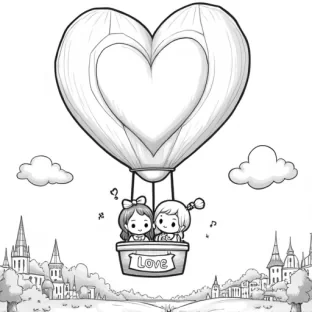 create a Kawaii inspired coloring book image of Two chibi characters riding in a giant heart-shaped hot air balloon, floating over a dreamy cityscape or countryside. The balloon basket can have a “Love” banner.