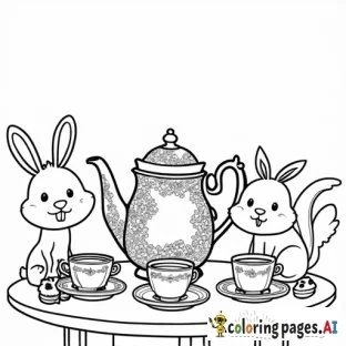 create a kids easy coloring page A table with teacups, a teapot adorned with floral designs, and small desserts like cupcakes and cookies, surrounded by smiling animals like bunnies and squirrels.