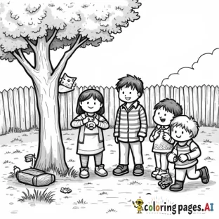 Create a playful and detailed coloring page featuring all six Herdman children from The Best Christmas Pageant Ever in an outdoor setting. Each child should look mischievous and be engaged in activities that match their personalities: one could be climbing a tree, another sneaking candy from a pocket, another with a slingshot ready, one holding a stray cat, one making faces at a sibling, and another starting a small (but harmless) prank like tipping over a bucket of water. The background should include simple outdoor elements like grass, a fence, and scattered toys or objects. Use bold outlines to make it easy for coloring, and keep the style fun and lively