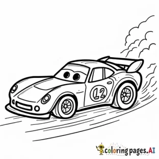 "Create a simple, fun race car coloring sheet for a 5-year-old. The race car should have bold, thick lines and be cartoonish in style, with oversized wheels and bright, playful details. These race cars should be on a track"