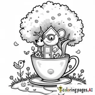 Create a simplified, cute illustration of a cozy mouse living in a teacup cottage inside a tree. The art style should feature very thick, bold lines, soft round edges, and completely closed shapes—every element should be easy to color in with no open lines. The layout should remain similar: a large teacup house with two floors (a bedroom above and a kitchen/dining room below), placed at the base of a tree. Around it, include a smiling mouse wearing glasses, a round table with tea and cookies, a few simple birds, ladybugs, flowers, and a winding path through a meadow. The style should be whimsical, minimal in detail, and ideal for a children's coloring book."