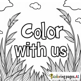 Create a welcoming coloring page with a title in bubble letters " Color with us"