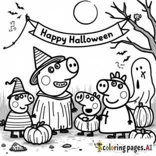 Create a whimsical scene featuring Peppa Pig and her family celebrating Halloween. Include Peppa, George, Mummy Pig, Daddy Pig, Grandpa Pig and Grandma Pig dressed in fun and imaginative costumes, such as a witch, a ghost, a superhero, and a pumpkin. Surround them with festive decorations like carved pumpkins, bats, and cobwebs. Add a banner saying “Happy Halloween” in an inviting font. The background can include a moonlit sky and a spooky tree to enhance the Halloween atmosphere.