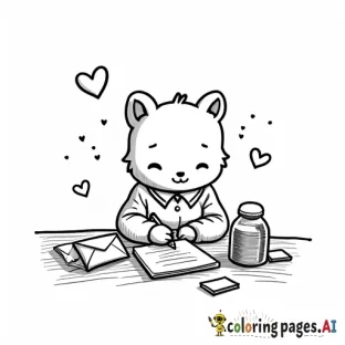 create an coloring book image of  A chibi character (could be a cute animal or child) sitting at a desk writing a Valentine’s letter, surrounded by envelopes, heart stamps, and little love notes floating around.