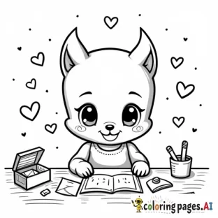 create an coloring book image of  A chibi character (could be a cute animal or child) sitting at a desk writing a Valentine’s letter, surrounded by envelopes, heart stamps, and little love notes floating around.