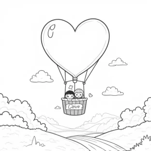 create an coloring book image of Two chibi characters riding in a giant heart-shaped hot air balloon, floating over a dreamy cityscape or countryside. The balloon basket can have a “Love” banner.