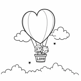 create an coloring book image of Two chibi characters riding in a giant heart-shaped hot air balloon, floating over a dreamy cityscape or countryside. The balloon basket can have a “Love” banner.