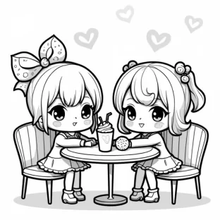 create an coloring book image of Two chibi characters sitting at a café table sharing heart-shaped cookies and a milkshake with two straws. Decorate the scene with kawaii-style cupcakes, donuts, and candy.