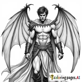 Create an image of a stunningly handsome, muscular man with bat wings, inspired by characters from high fantasy literature. His wings are large, dark, and leathery, with a slight sheen. The man has sharp features: high cheekbones, intense eyes, and a strong jawline. His expression is fierce yet captivating. He wears a warrior's armor with intricate designs and a dark cloak flowing behind him, adorned with runes or mystical symbols. The setting is a dark, enchanted forest or a gothic castle, with dim lighting that highlights his commanding presence. His hair is tousled and dark, and his skin is slightly tanned. There should be an air of mystery and power around him, with a sense of danger yet allure. The overall mood is dramatic and intense, drawing from the atmosphere of epic fantasy worlds