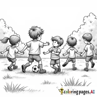 Create an image of multiple kids soccer game with a blank area at center field