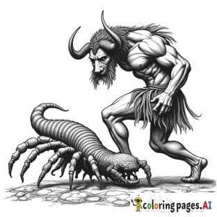 Create an image that is of ancient greek art style like on ancient greek pots of a Minotaur fighting a monstrous centipede