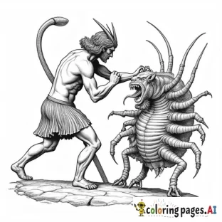 Create an image that is of ancient greek art style like on ancient greek pots of a Minotaur fighting a monstrous centipede it has to have the greek boarders