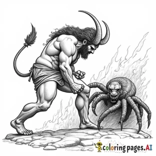 Create an image that is of ancient greek art style like on ancient greek pots of a Minotaur fighting a monstrous centipede
