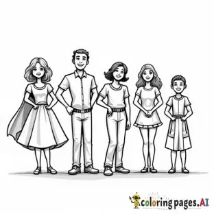 Create an image with 1 grandfather 70 years old, 1 grandmother 70 years old, 1 grandmother 75 years old, 2 uncles, 2 aunts, a 23-year-old cousin (female), a 17-year-old cousin (male), mother 45 years old, father 45 years old, and a 10-year-old boy and a girl, coloring page, each as superheroes, funny, dancing acro dance