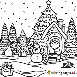 Create black-and-white Christmas line art with clear outlines, featuring Santa, trees, snowmen, presents, and festive elements for coloring in size 768x1024
