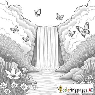 create detailed high definition realistic grayscale coloring page of a beautiful enchanted meadow with waterfall and butterflies