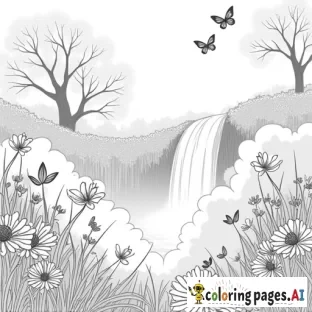 create high definition realistic grayscale coloring page of a beautiful enchanted meadow with waterfall and butterflies