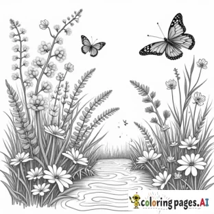 create high definition, realistic, grayscale coloring page of a beautiful enchanted meadow with waterfall and butterflies