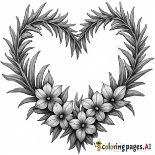 create high quality, realistic, grayscale coloring page of a beautiful enchanted meadow outlined by a boho themed floral heart