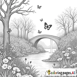 create high quality, realistic, grayscale coloring page of a beautiful enchanted meadow with waterfall and butterflies